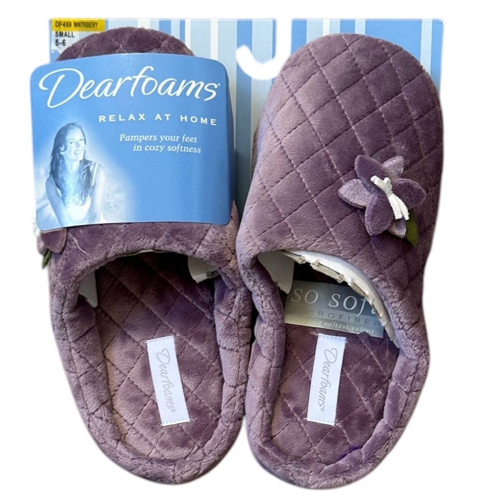 NEW Y2K Dearfoams Purple Quilted Floral Slippers Sz Small Soft Velour Microfiber